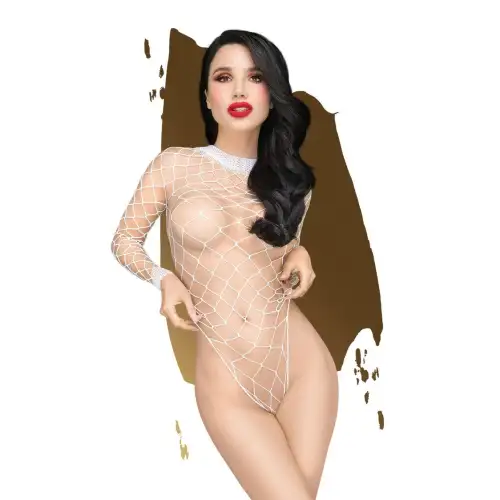 Боди Penthouse Scandalous S/L White, крупная сетка, высокий воротник, длинные рукава photo 1